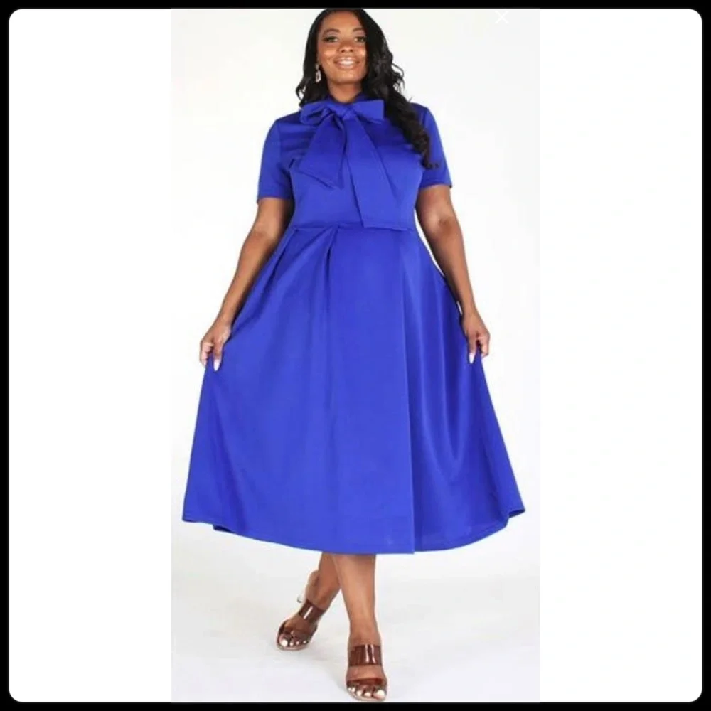 SOLD OUT: Solid Royal Blue Midi Flare Style Dress with Necktie, - Picture 3 of 13